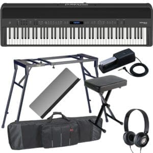 New Roland FP-90 Black Portable Stage Piano 88 Weighted Key with 4-legged Stand, X Bench, Keyboard Carrying Bag and Headphones