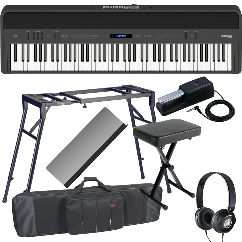 New Roland FP-90 Black Portable Stage Piano 88 Weighted Key with 4-legged Stand, X Bench, Keyboard Carrying Bag and Headphones