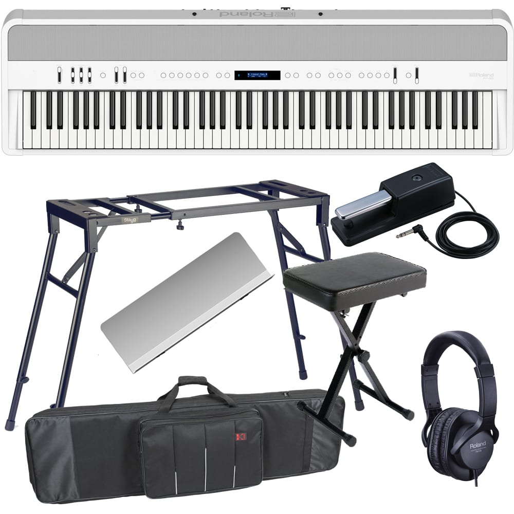 Roland FP-90 White Portable Stage Piano 88 Weighted Key with 4 Legged Stand, X Bench, Keyboard Carrying Bag and Headphones