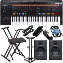 Roland JUPITER-X Synthesizer, Presonus Eris3.5 Monitors, Monitor Stands, Keyboard Stand, Bench, Sustain Pedal, Nektar NX-P, (2) 1/4 Cables, (2) XLR Cables Bundle