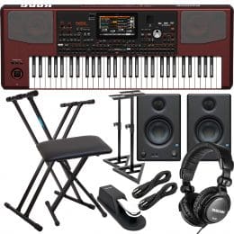 Korg Pa1000 61-Key Professional Arranger with Speakers, Keyboard Stand, Bench, Presonus Eris3.5, Monitors Stands, Sustain Pedal, Tascam TH02, (2) 1/4 Cables Bundle