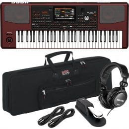 Korg Pa1000 61-Key Professional Arranger with Speakers, Keyboard Stand, Bench, Gator GKB76 Bag, Sustain Pedal, Tascam TH02, (2) 1/4 Cables Bundle