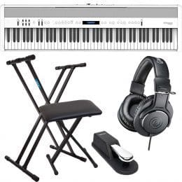 Roland FP-60X Portable Digital Piano (White), Keyboard Stand, Bench, Sustain Pedal, ATH-M20X Bundle