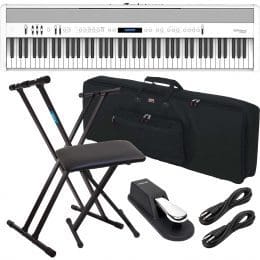 Roland FP-60X Portable Digital Piano (White), Keyboard Stand, Bench, Sustain Pedal, Gator GKB88, (2) 1/4 Cables Bundle