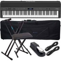 Roland FP-90X Digital Piano (Black), Stand, Bench, Rockville 88 Rolling Bag, (2) 1/4 Cables, Sustain Pedal Bundle