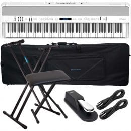 Roland FP-90X Digital Piano (White), Stand, Bench, Rockville 88 Rolling Bag, (2) 1/4 Cables, Sustain Pedal Bundle