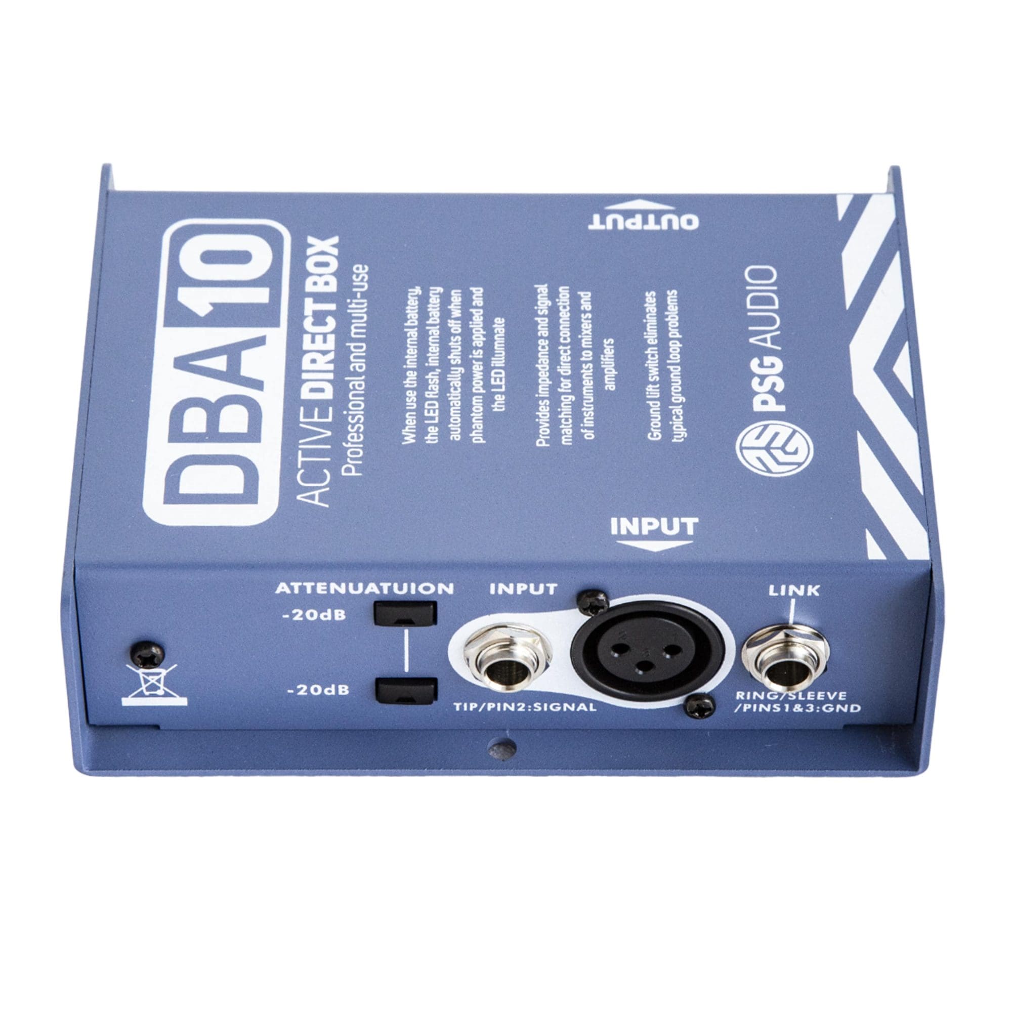 PSG AUDIO DBA-10 Professional High-Performance Active DI-Box Unit Hum Eliminator 1/4" instrument Direct Box to Balanced & Unbalanced XLR with Attenuator (Designed in USA) Support US Business