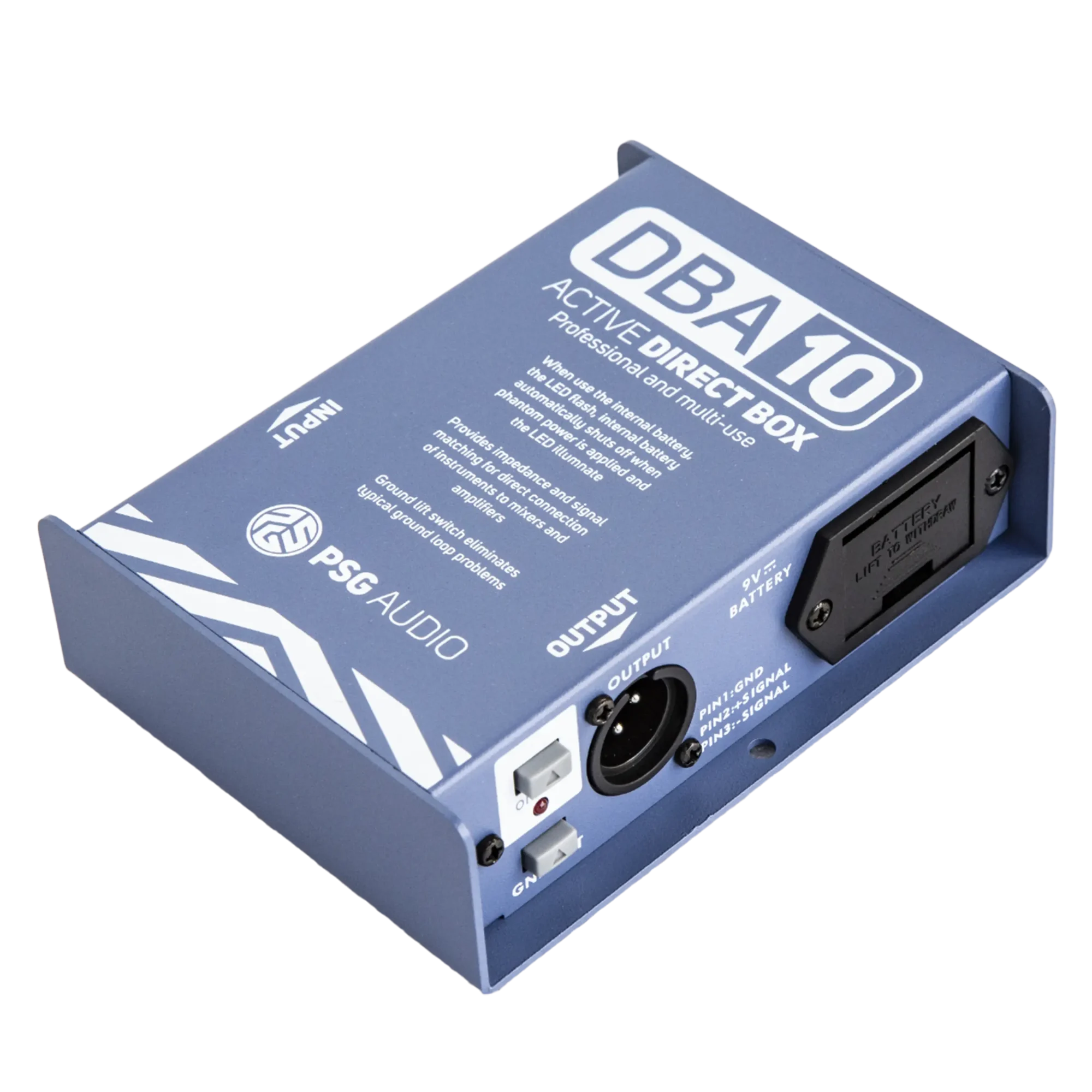 PSG AUDIO DBA-10 Professional High-Performance Active DI-Box Unit Hum Eliminator 1/4" instrument Direct Box to Balanced & Unbalanced XLR with Attenuator (Designed in USA) Support US Business