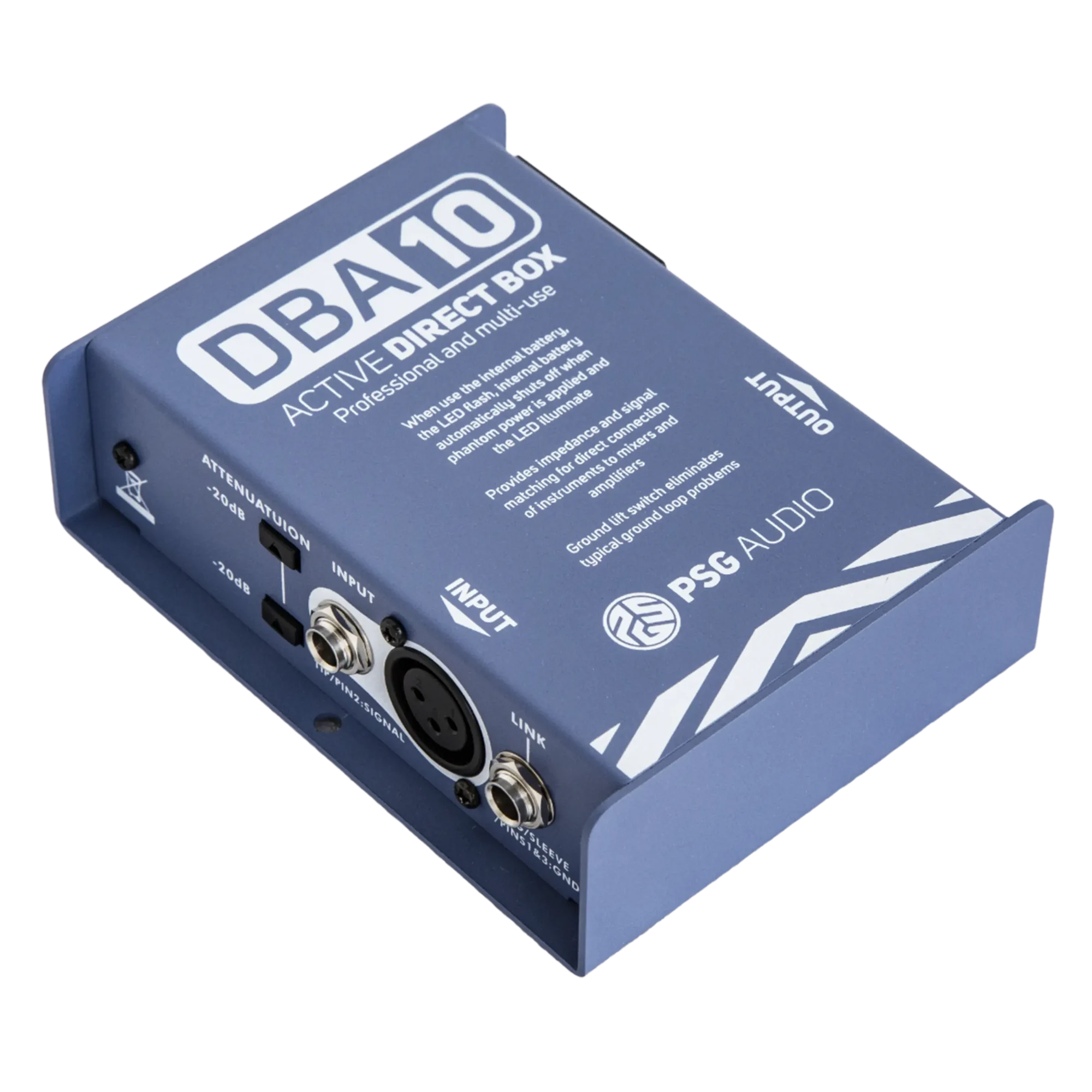 PSG AUDIO DBA-10 Professional High-Performance Active DI-Box Unit Hum Eliminator 1/4" instrument Direct Box to Balanced & Unbalanced XLR with Attenuator (Designed in USA) Support US Business