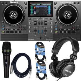 Numark Mixstream Pro Go Battery-Powered Standalone DJ Controller, Tascam TH02, (2) XLR Cables, PSG AUDIO C350 Bundle